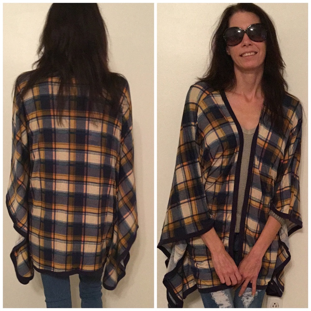 Navy and Mustard Plaid Cardigan - Picture 2 of 3